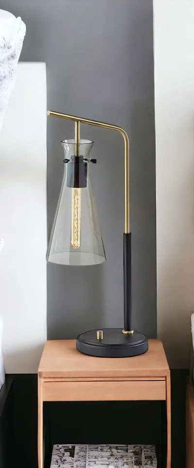 Homezia 24" Black And Gold Metal Cylinder Desk Table Lamp With Gray Cone Shade