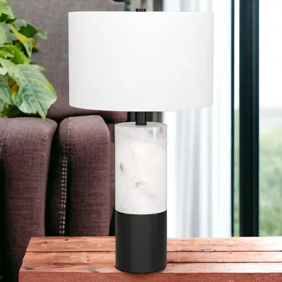Homezia 24" Black And White Marble And Metal Cylinder Table Lamp With White Drum Shade In Multi