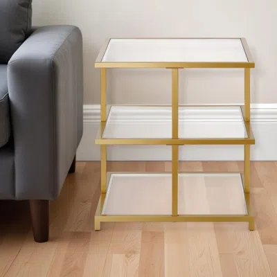 Homezia 24" Brass And Clear Glass And Steel Square End Table With Two Shelves