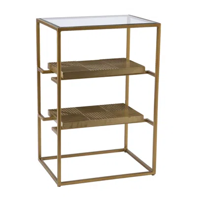 Homezia 24" Brass Glass And Iron Rectangular End Table With Two Shelves