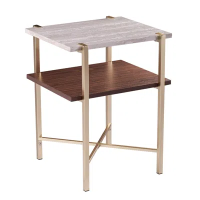 Homezia 24" Brass Manufactured Wood And Iron Square End Table With Shelf In Blue
