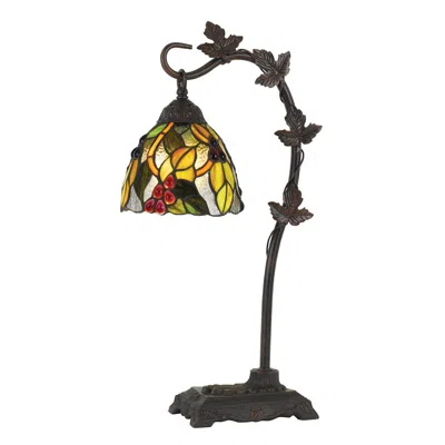 Homezia 24" Bronze Metal Tiffany Style Table Lamp With Hanging Stained Glass Shade In Multi