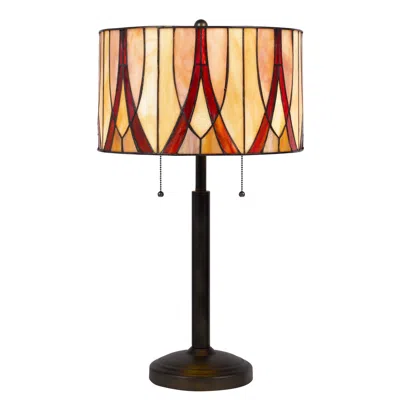 Homezia 24" Bronze Metal Two Light Table Lamp With Red And Ivory Drum Shade