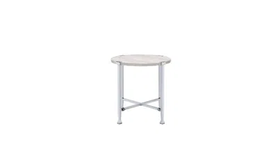 Homezia 24" Chrome And White Oak Manufactured Wood And Metal Round End Table