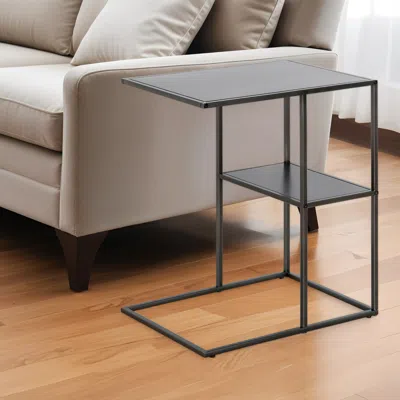 Homezia 24" Gray Steel End Table With Shelf In Black