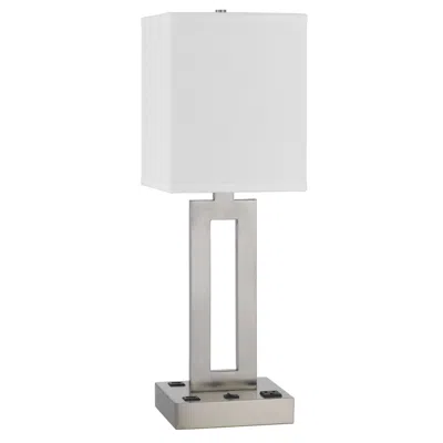 Homezia 24" Nickel Metal Desk Usb Table Lamp With White Drum Shade In Black