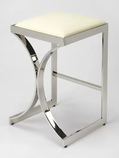 Homezia 24" Off White And Silver Faux Leather And Iron Backless Counter Height Bar Chair