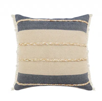 Homezia 24" X 24" Denim Blue Tan And Taupe Jute Coastal Zippered Pillow