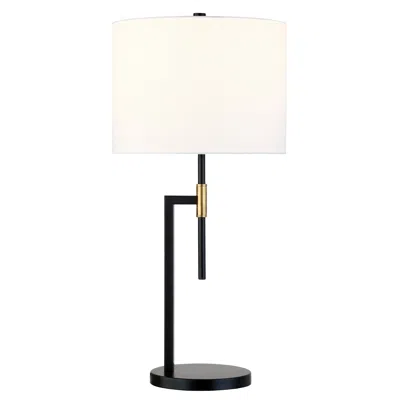 Homezia 25" Black And Gold Metal Table Lamp With White Drum Shade In Blue