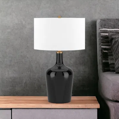 Homezia 25" Black Glass Urn Table Lamp With White Drum Shade