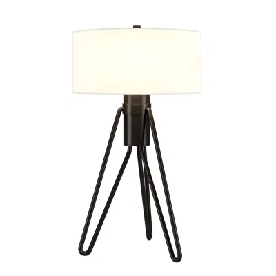 Homezia 25" Black Metal Two Light Tripod Table Lamp With White Drum Shade