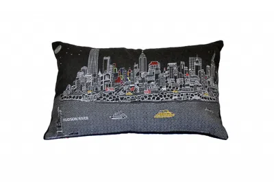 Homezia 25" Black Nyc Nighttime Skyline Lumbar Decorative Pillow