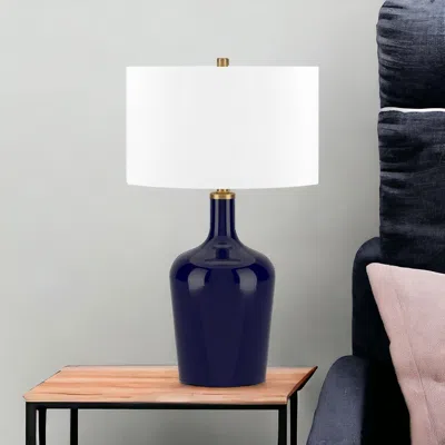 Homezia 25" Blue Glass Urn Table Lamp With White Drum Shade In Brown