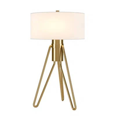 Homezia 25" Brass Metal Two Light Tripod Table Lamp With White Drum Shade In Brown