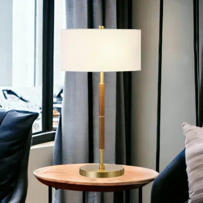 Homezia 25" Gold And Oak Metal Two Light Table Lamp With White Drum Shade In Brown