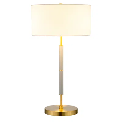 Homezia 25" Gray And Gold Metal Two Light Table Lamp With White Drum Shade In Blue