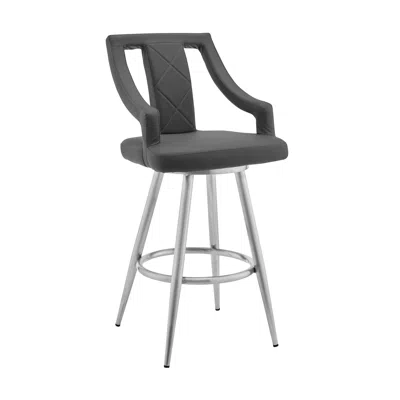 Homezia 25" Gray And Silver Faux Leather And Iron Swivel Counter Height Bar Chair