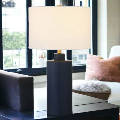 Homezia 25" Navy Blue Ceramic Cylinder Table Lamp With White Drum Shade