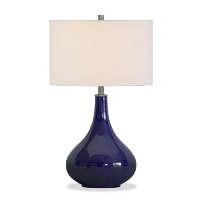 Homezia 25" Navy Blue Glass Table Lamp With White Drum Shade In Brown