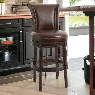 Homezia 25" Walnut And Dark Brown Solid Wood Swivel Bar Height Bar Chair