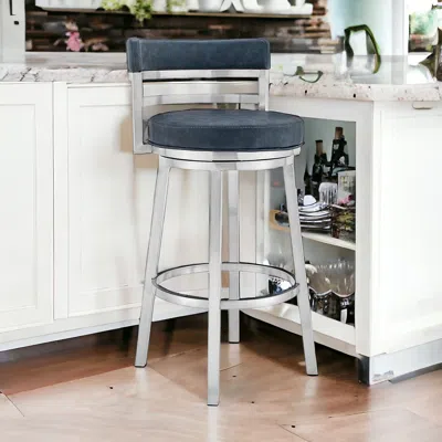 Homezia 26" Blue And Silver Faux Leather And Stainless Steel Swivel Low Back Counter Height Bar Chair