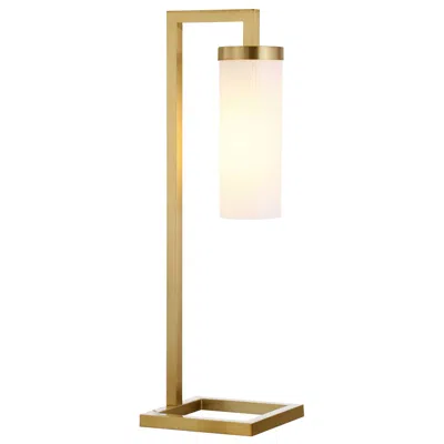 Homezia 26" Brass Metal Arched Table Lamp With White Cylinder Shade In Gold