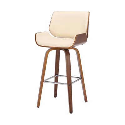 Homezia 26" Cream And Brown Faux Leather And Solid Wood Swivel Counter Height Bar Chair