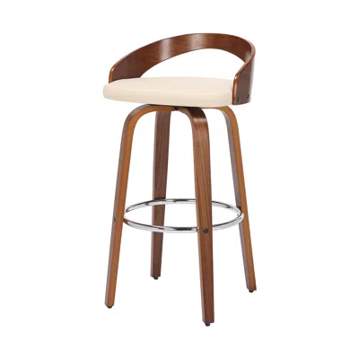 Homezia 26" Cream And Brown Faux Leather And Solid Wood Swivel Low Back Counter Height Bar Chair