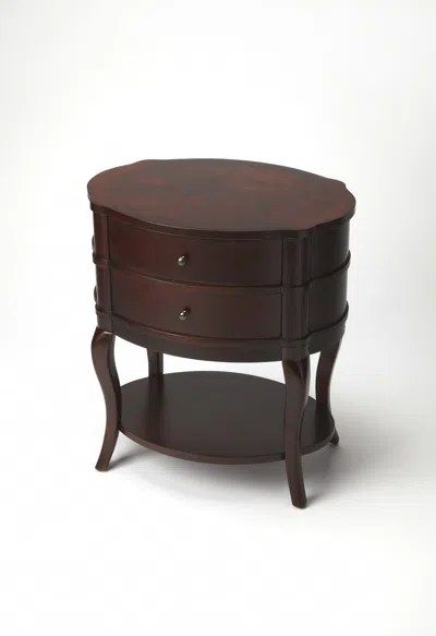 Homezia 26" Dark Brown And Cherry Solid And Manufactured Wood Oval End Table With Two Drawers And Shelf