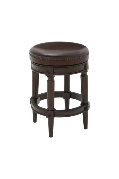 Homezia 26" Dark Brown And Wood Brown Faux Leather Swivel Backless Counter Height Bar Chair