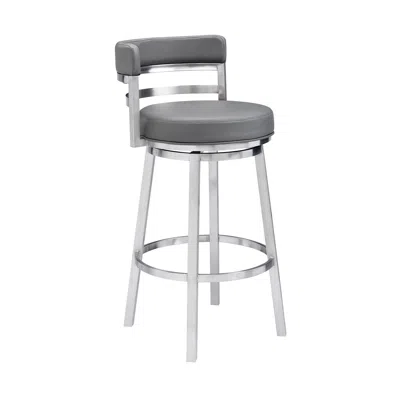 Homezia 26" Gray And Silver Faux Leather And Iron Swivel Low Back Counter Height Bar Chair