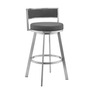 Homezia 26" Gray And Silver Faux Leather And Iron Swivel Low Back Counter Height Bar Chair