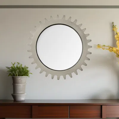 Homezia 26" Round Grey Wood Frame Wall Mirror In Gray