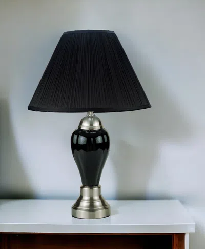 Homezia 27" Black And Silver Ceramic Urn Table Lamp With Black Empire Shade In Brown