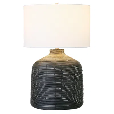 Homezia 27" Black Rattan Table Lamp With White Drum Shade In Brown