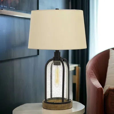 Homezia 27" Brown Metal Two Light Globe Table Lamp With Eggshell Empire Shade In Black