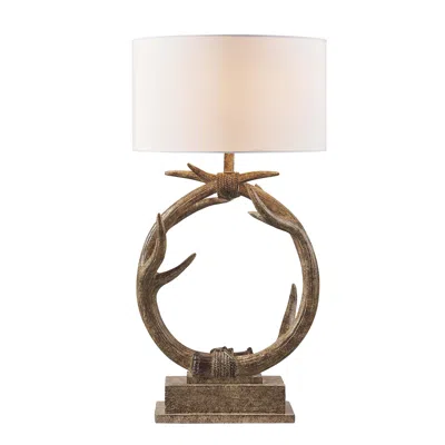 Homezia 27" Brown Rustic Faux Antlers Table Lamp With White Drum Shade