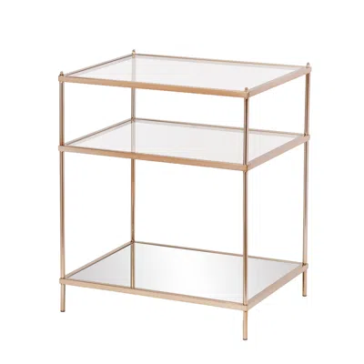 Homezia 27" Gold Glass And Iron Square Mirrored End Table With Shelf In Brown