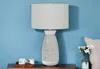 HOMEZIA 27" GRAY AND WHITE CERAMIC ROUND TABLE LAMP WITH GRAY DRUM SHADE