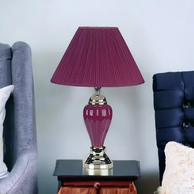 Homezia 27" Silver Ceramic Bedside Table Lamp With Magenta Empire Shade In Gray