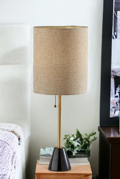 Homezia 28" Black And Gold Metal Cylinder Table Lamp With Beige Drum Shade In Blue