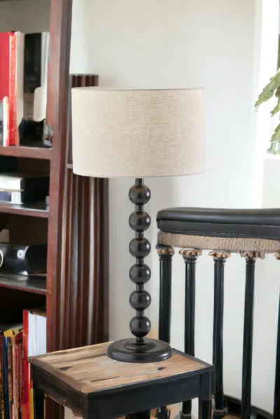Homezia 28" Black Solid Wood Candlestick Table Lamp With Off White Drum Shade