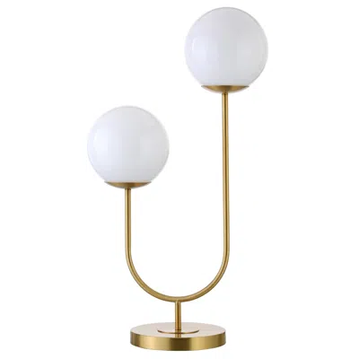 Homezia 28" Gold Metal Two Light Novelty Globe Table Lamp With White Globe Shade