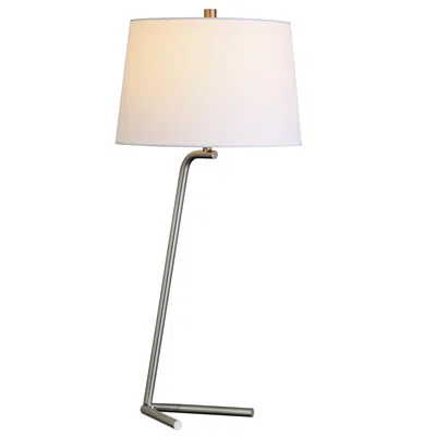 Homezia 28" Silver Metal Table Lamp With White Drum Shade In Brown