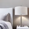 Homezia 28" Silver Metal Two Light Bedside Table Lamp With White Drum Shade