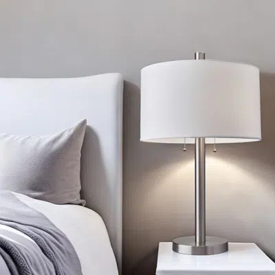 Homezia 28" Silver Metal Two Light Bedside Table Lamp With White Drum Shade In Gray