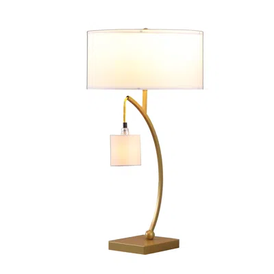 Homezia 29" Gold Metal Two Light Arched Table Lamp With White Drum Shade