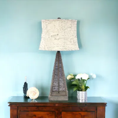 Homezia 29" Gray Metal Geometric Bedside With White Text Drum Shade In Blue