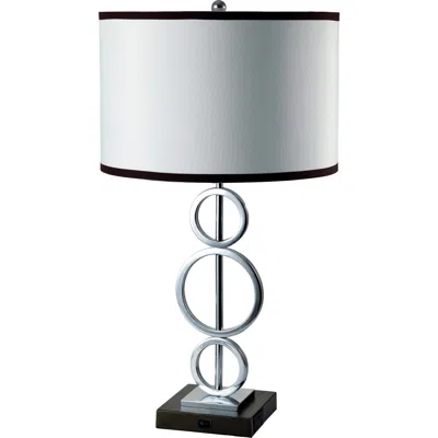 Homezia 29" Silver Metal Bedside Geo Table Lamp With White And Black Trim Classic Drum Shade In Gray