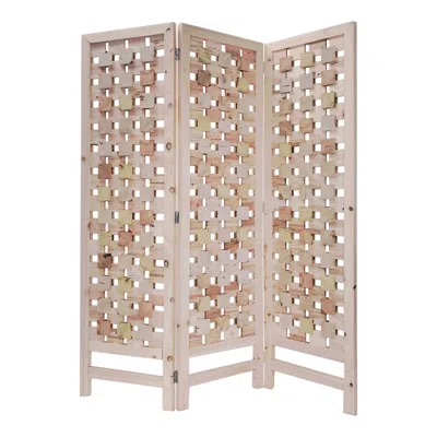 Homezia 3 Panel Pink Room Divider With Cut Square Wood Design